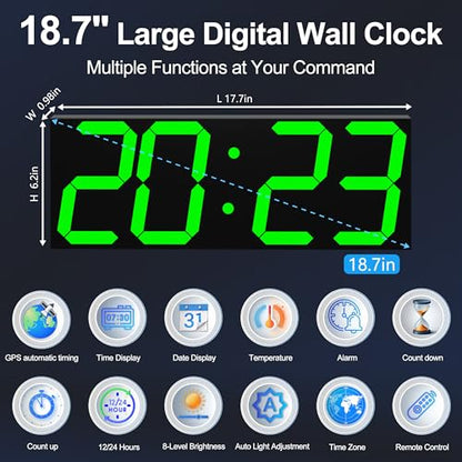 CHKOSDA 18.7" Large Digital Wall Clock with GPS Auto-Sync Time - 6 Inch Bright Green LED, Remote, Count Up/Down Timer, Date & Temp. Plug-in for Gym, School, Classroom & Sports Field - color: 18.7" Gps Auto-sync Wall Clock-green