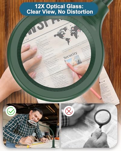 12X Magnifying Glass with Light and Stand, Real Glass, LED 5 Color Modes, Brightness Stepless Dimming Lighted Magnifier Hands Free, Flexible Gooseneck Desk Lamp with Clamp for Close Work, Craft, Green - color: Green