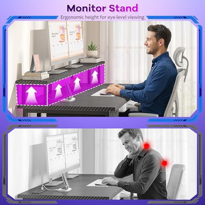 DurayLoly Gaming Desk with 55" Long Monitor Stand, 18" Ample Printer Space | Storage Drawer and File Shelves,Versatile RGB LED Lighting,Built-In USB Outlet,Sturdy Metal Frame,Bedroom Writing Desk,Black - color: Black Carbon Fiber