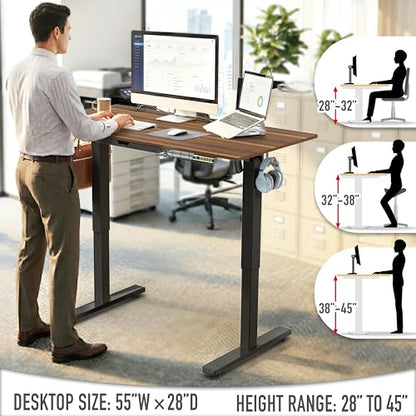 SHW 55 x 28 Electric Height Adjustable Standing Desk w/Drawer, Walnut - color: Walnut, size: 55-Inch