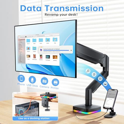 RGB Single Monitor Stand, Gas Spring Monitor Arm with 3 USB Ports, Charging and USB Data Transfer Function, Desk Mount for 13"-32" Monitors up to 19.8lbs, Adjustable Height, Tilt, Swivel, Rotate
