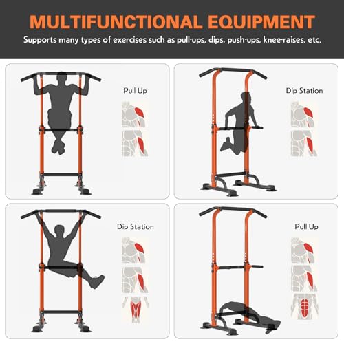 soges Power Tower Pull Up Bar Station, Free Standing Pull Up Rack Dip Station for Home Gym, Height Adjustable Home Strength Training Fitness Workout Equipment - color: Orange