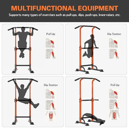 soges Power Tower Pull Up Bar Station, Free Standing Pull Up Rack Dip Station for Home Gym, Height Adjustable Home Strength Training Fitness Workout Equipment - color: Orange