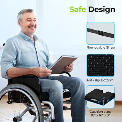 AUVON Gel Wheelchair Seat Cushion with Waterproof Cover for Pressure Sore & Ulcer, Ergonomic Chair Cushion with U-Cutout for Tailbone Pain, Back Pain Relief, Memory Foam Wheelchair Cushion, Anti-Slip | Ergonomic Chair Cushion with U-Cutout for Tailbone, B