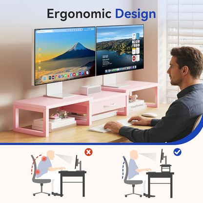 Desk Organizers and Accessories, Dual Monitor Stand Riser with Drawer, Computer Monitor Stand, Adjustable Desk Shelf for PC Laptop Printer TV, Pink