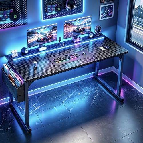 DurayLoly 55" Carbon Fiber Gaming Desk with RGB LED for Teens Bedroom,Black - color: Black, size: 55 Inch