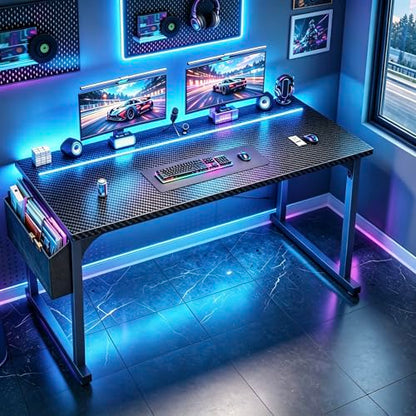DurayLoly 55" Carbon Fiber Gaming Desk with RGB LED for Teens Bedroom,Black - color: Black, size: 55 Inch