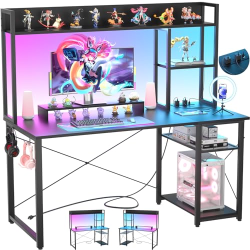 Cyclysio 47'' Gaming Desk with Hutch and Reversible Storage Shelves, Black | Home Office Desk with LED Lights & Power Outlets, Computer Desk for Small Space - color: Black, size: 47 inch