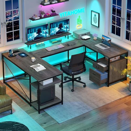 YITAHOME U Shaped Desk with Power Outlets & LED Lights, 79" Reversible L Shaped Desk with Drawers, Corner Computer Desk Office Desks with Monitor Stand & Storage Shelves, Grey