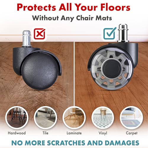 Office Chair Wheels Replacement Set of 5 - Dual 2 Inch Soft Chair Casters for Hardwood Vinyl Tile - Heavy Duty & Safe for All Floors - Universal Fit Most Computer Gaming & Desk Chairs - Grey - style: Grey / Transparent