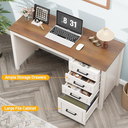 Vabches Farmhouse 49” Executive Desk with File Drawer, White Brown | 4 Drawers Reversible Computer Desk with Storage, Rustic Home Writing Workstation for Home Office - color: 49in White Brown