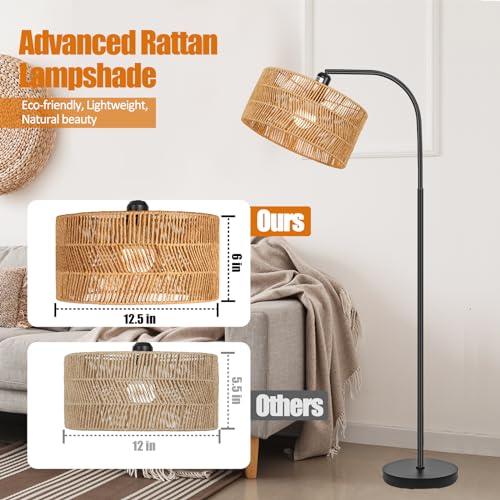 Brilvibera Boho Floor Lamp for Living Room with Remote Control | Rattan Standing Lamps with Dimmable Bulb, Adjustable Rattan Lamp Shades Bohemian Over Couch Lamps for Bedroom, Office - style: Modern-Black