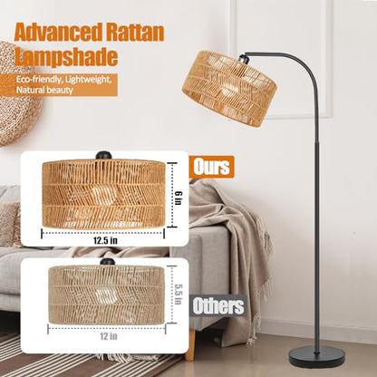 Brilvibera Boho Floor Lamp for Living Room with Remote Control | Rattan Standing Lamps with Dimmable Bulb, Adjustable Rattan Lamp Shades Bohemian Over Couch Lamps for Bedroom, Office - style: Modern-Black