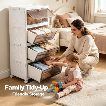 4-Tier Foldable Plastic Drawer Storage with Wheels,Stackable Storage Bins with Lid,Organization and Storage Boxes for Kitchen,Cloakroom,Closet,Living Room,Office and Dorm - size: 15.35''