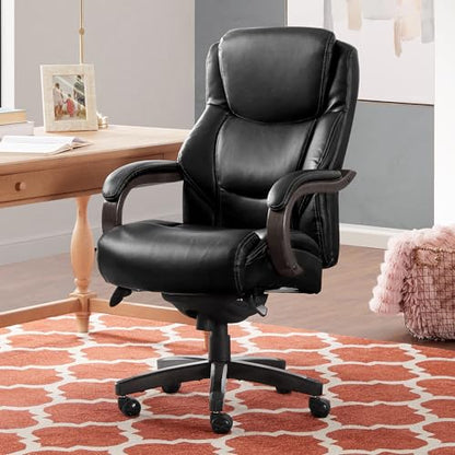 La-Z-Boy Delano Big and Tall Executive Office Chair - Ergonomic Lumbar Support Memory Foam - Bonded Leather Desk Chair for Home Office - Weathered Grey Wood Arms - Black - color: Black With Weathered Gray Wood