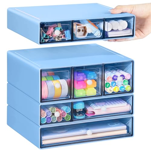 Desk Storage Organizer with 9 Drawers, 4 Tiers Stackable Desktop Craft Storage Drawers, Clear Storage Box Caddy for Stationary Makeup Jewelry Office Craft Supplies (Blue) - color: Blue