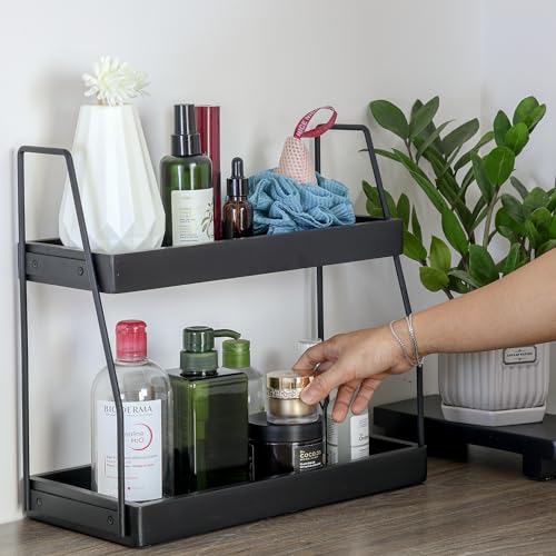 Demigo 2-Tier Bathroom Countertop Organizer, Black Acacia Wood Storage Rack | 13.6 x 14 x 6.7 inches Counter Standing Rack, Storage Shelf for Vanity Kitchen Counter Office Desk Makeup & Cosmetic