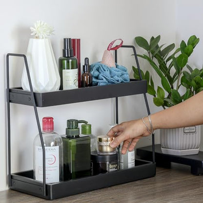 Demigo 2-Tier Bathroom Countertop Organizer, Black Acacia Wood Storage Rack | 13.6 x 14 x 6.7 inches Counter Standing Rack, Storage Shelf for Vanity Kitchen Counter Office Desk Makeup & Cosmetic