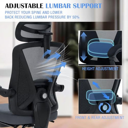Ergonomic Office Desk Chair with Footrest - Adjustable Lumbar Support & 3D Headrest, 90-160° Reclining Mesh High-Back Rolling Work Swivel Computer Chair - Home Office/Gaming, 400lbs Capacity