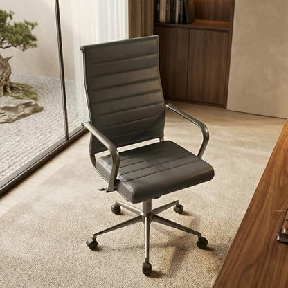 Okeysen Leather Office Desk Chair, Ergonomic Mid Century Modern Conference Room Chairs, Executive Ribbed Height Adjustable Swivel Rolling Chair for Home Office. - color: Metal