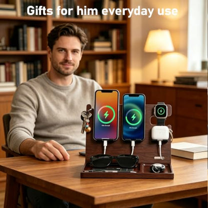 Wood Phone Docking Station with 4 USB Outputs Nightstand Organizer for Men - color: Walnut color
