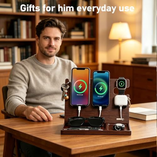 Wood Phone Docking Station with 4 USB Outputs Nightstand Organizer for Men - color: Walnut color