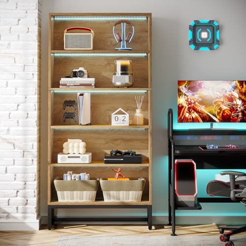 Tribesigns Tall Bookcase and Bookshelf, 70.8" Large Bookcases Organizer with LED Lights, Heavy Duty Free-Standing Library Bookshelf with 5-Tier Storage Shelves for Living Room, Bedroom (Brown) - color: Brown