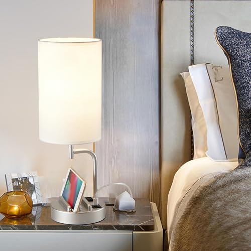 Dreamholder Touch Control USB Table Lamp, Upgraded 3-Way Dimmable Bedside Desk Lamp with USB C & A Charging Ports and AC Outlet, Nightstand Lamp for Bedroom, Dimmable Bulb Included, Silver - style: White shade+Silver base