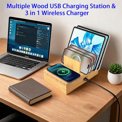 6 Port USB Charging Station for Multiple Devices 200W USB C Laptop Charger for MacBook Tablet 15W 3-in-1 Wireless Charger for iPhone/Apple Watch/AirPods Bamboo Charging Station Organzier