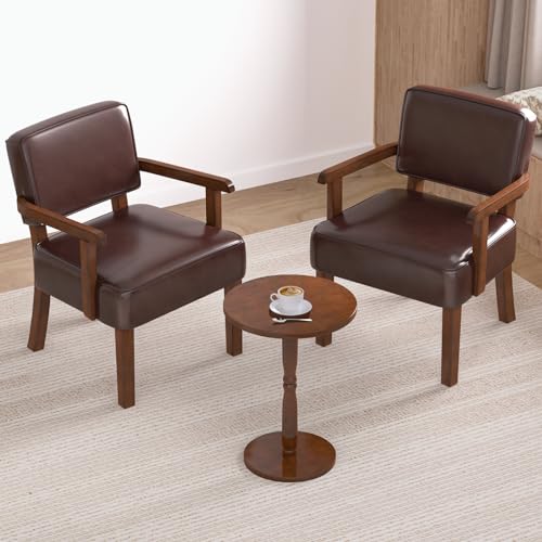 FAGAGA Accent Chairs Set of 2, 2 Solid Wood Armchairs with Table - color: Faux Leather Cherry, size: One Set