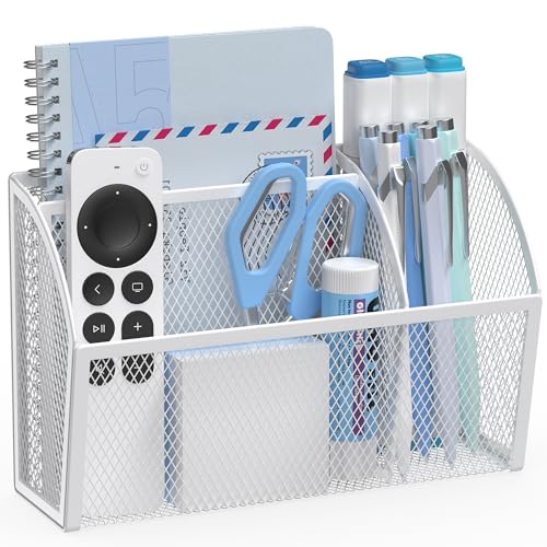 YINGHUA 3 Compartment Magnetic Metal Mesh Pen Holder, White Desk Caddy | Perfect magnetic organizer for locker, whiteboard, refrigerator, or office. Easily holds pens and accessories - color: White