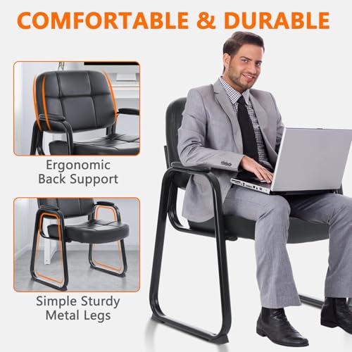 CLATINA Big Tall 400 lbs Waiting Room Chairs with Padded Arms Leather Guest Chair no Wheels for Office Reception Lobby and Conference Desk with Sled Base, Black, 8PK - color: Black-sledbase, size: 8PK