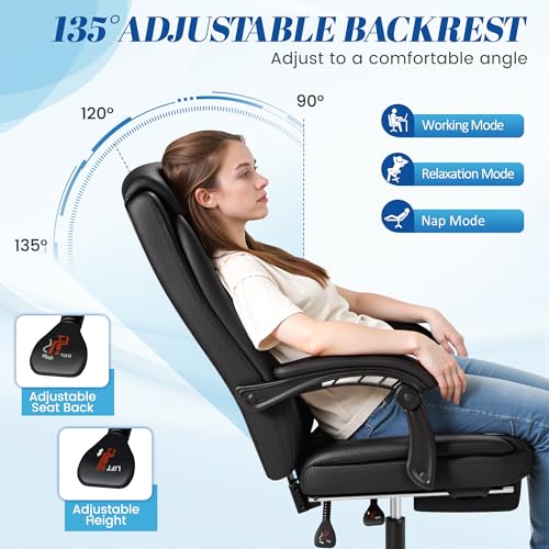Furmax Office Chair with Footrest Ergonomic High Back Design Executive Computer Desk Chair400lbs, 90-135° Reclining Leather Home Office Desk Chairs Swivel Task Chairs with Wheels(Black) - color: Black