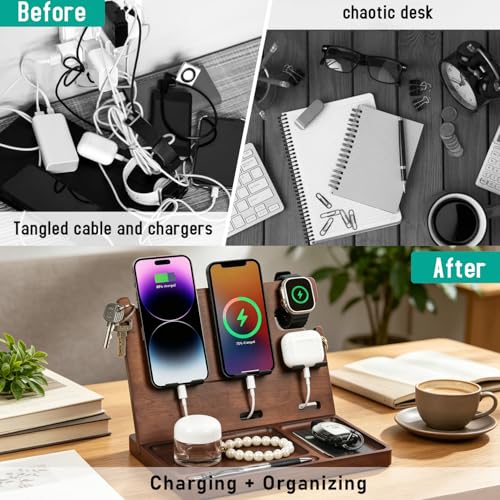 Wood Phone Docking Station with 4 USB Outputs Nightstand Organizer for Men - color: Walnut color