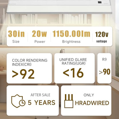 Hardwired Under Cabinet Lighting, 30in 20W LED Light for Kitchen/Closet, 1150lm, CRI>92, R9>90, 5 Color Temperature, Dimmable, 2700K-5000K(Warm White, Cool White, Daylight) - size: 30 inch