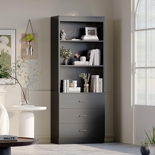 oneinmil 70" H 6-Tier Bookshelf with 3 Drawers, White Bookcase with 3-Tier Open Shelves, Tall Book Shelf with Storage Space, Wooden Storage Cabinet for Living Room, Bedroom, Office (Black, 6-Tier) - color: Black, size: 6-Tier