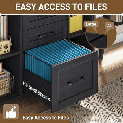 Vabches File Cabinet with 3 Drawers, Farmhouse Lateral File Cabinet Fits Files Letter/A4 Size, Wooden Filing Cabinet with Adjustable Shelves Printer Stand for Home Office, Black - color: Black