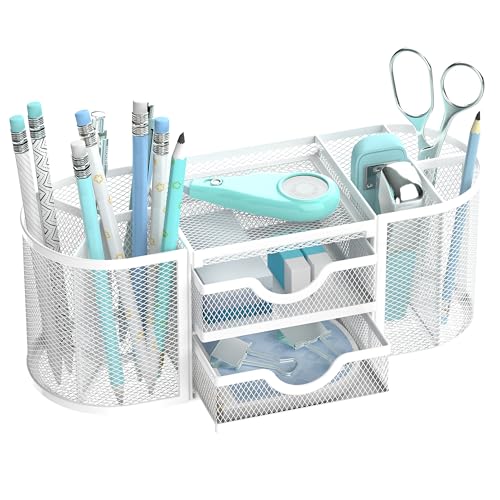 Mesh Desk Organizer, Desk Organizers and Accessories, Pen Holder with Drawers, Pencil Holder for Desk with 2 Drawer for Office Supplies, White - color: Pearl White