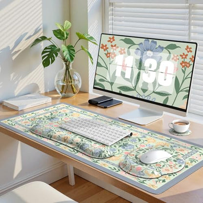 iCasso Desk Cover Mat, Gaming Mouse Pad Wrist Support Set,4in1 XXL Large Mousepad + Keyboard Wrist Rest+Mouse Wrist Rest+Coaster Set with Ergonomic Design for Home Office Table Computer(Green Flowers) - color: Green Flowers