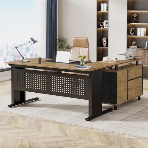 Tribesigns 63 Inch Executive Desk with File Cabinet, Large Office Desk L Shaped Computer Desk with Drawers and Storage Shelves, Business Furniture Desk for Home Office, Wood Color and Black - color: Black and Wood Color