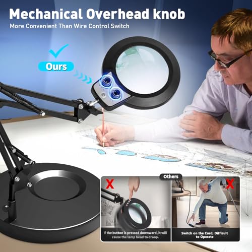 KIRKAS 12X Magnifying Glass with Light and Stand, Overhead Knob 2 in 1 | Lighted Magnifier Lamp for Workbench, Craft, Sewing, Repair, Real Glass Lens Stepless Dimming and Color (9.06IN Base & Clamp) - size: 12X 9.06 INCH Base & Clamp