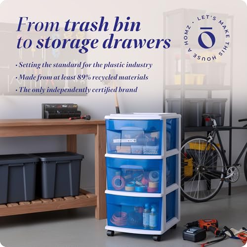HOMZ Drawer Tower, 3-Tier Storage Cart with Removable Wheels, White Frame - color: White Frame/Blue Drawers, size: 1 Pack