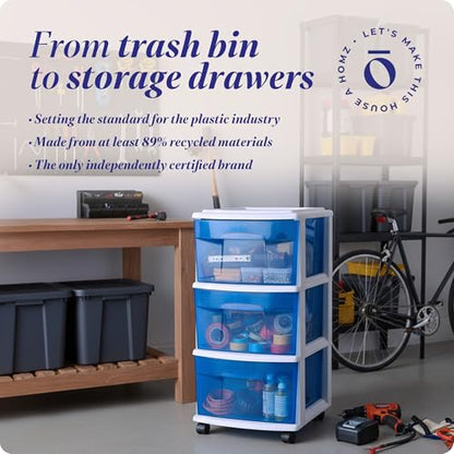 HOMZ Drawer Tower, 3-Tier Storage Cart with Removable Wheels, White Frame - color: White Frame/Blue Drawers, size: 1 Pack