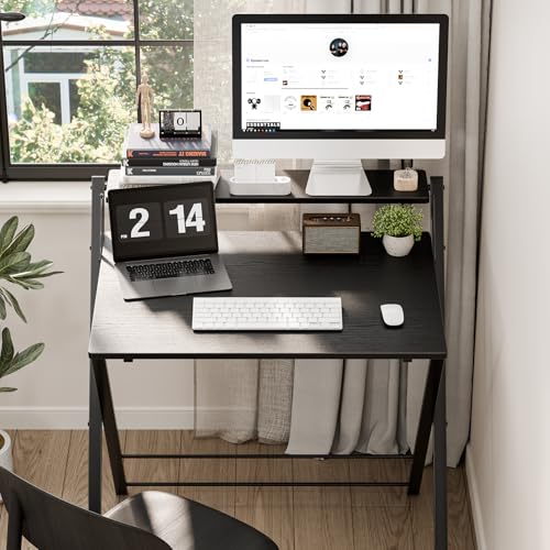 DUMOS Folding Desk with Shelf, No Assembly Computer Desk, Small Space Black | Foldable Desk with Shelf Saves Space for Bedroom, Office and Dorm Use - color: Modern Black