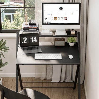 DUMOS Folding Desk with Shelf, No Assembly Computer Desk, Small Space Black | Foldable Desk with Shelf Saves Space for Bedroom, Office and Dorm Use - color: Modern Black