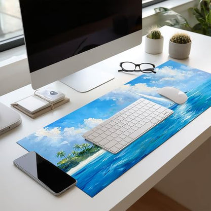 HOMETITUTE Large Mouse Pad 31.5x11.8 Inch Gaming Mousepad Blue Sea Island Art Non-Slip Keyboard Desktop Protector Mat XL Mouse Pad for Home Office Laptop Wireless Mice Accessories - color: Blue Sea Island Art