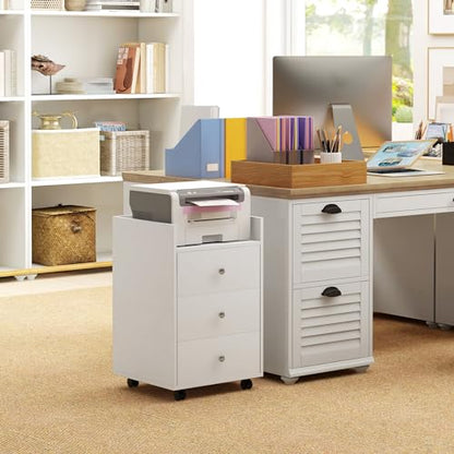 HOMCOM 3 Drawer Home Office Storage Cabinet, Office Drawer on Wheels, White | Removable Tray, Under Desk Printer Stand with Storage