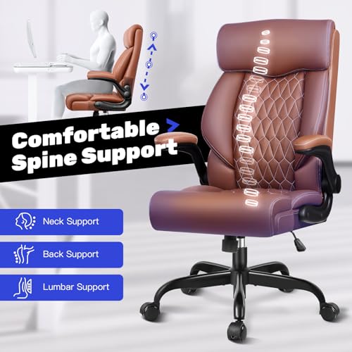 High Back Executive Office Chair - Ergonomic Computer Desk with Rocking Function, Leather Managerial with Adjustable Flip-Up Armrests and Lumbar Support - color: Brown, style: Without Footrest