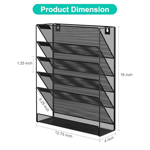 EasyPAG 5 Tier Wall File Holder, Mesh Hanging Folder Organizer with Classify Label, Versatile Desk File Holder, Vertical Wall Mounted Mail Organizer for Office Home Cubicle, Black - color: Black