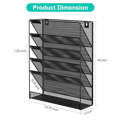 EasyPAG 5 Tier Wall File Holder, Mesh Hanging Folder Organizer with Classify Label, Versatile Desk File Holder, Vertical Wall Mounted Mail Organizer for Office Home Cubicle, Black - color: Black